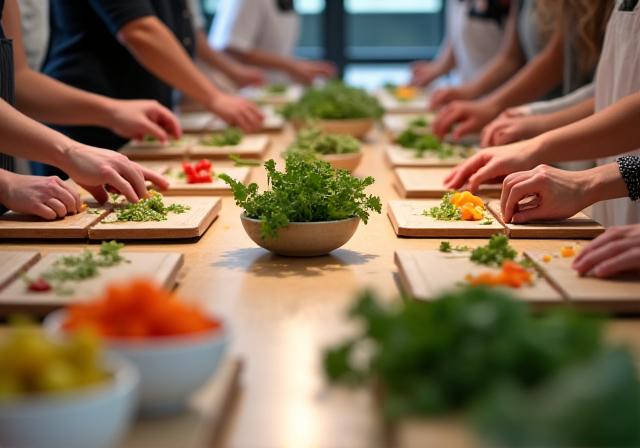 料理教室で食材を準備する参加者たち