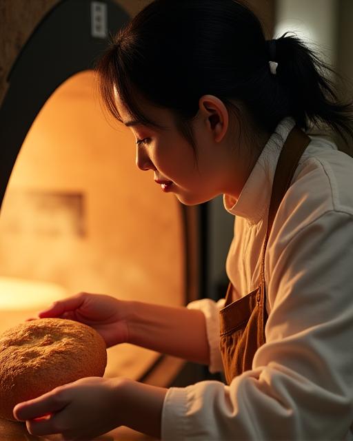 パンを窯から出す佐藤久美子さん