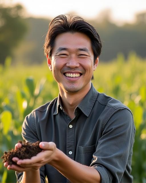 畑で微笑む田中健一さん